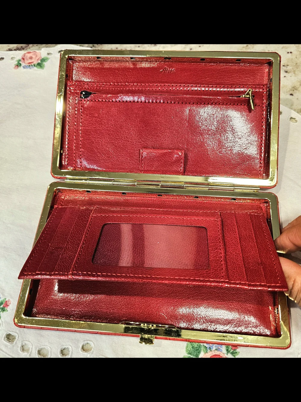 Vintage Red ABAS Genuine Leather Wallet Croc Embossed Frame Clutch Organizer